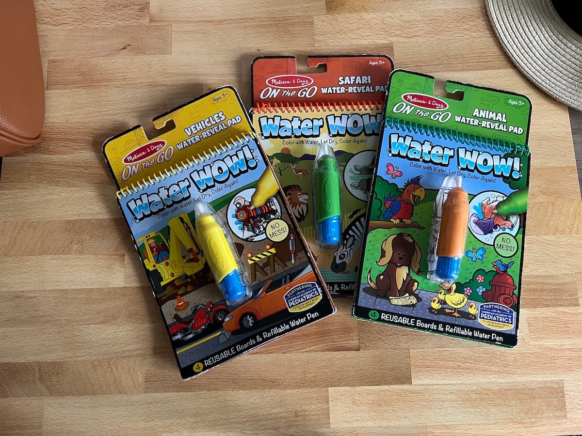 3 water wow water activity pads from melissa & doug that work great as toddler toys for road trips.